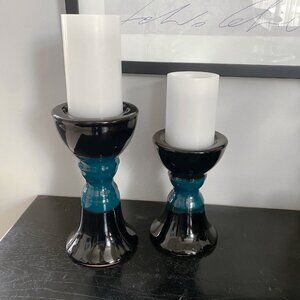(Set of x2) Vintage Teal & Black Glazed Ceramic Candle Holders Set